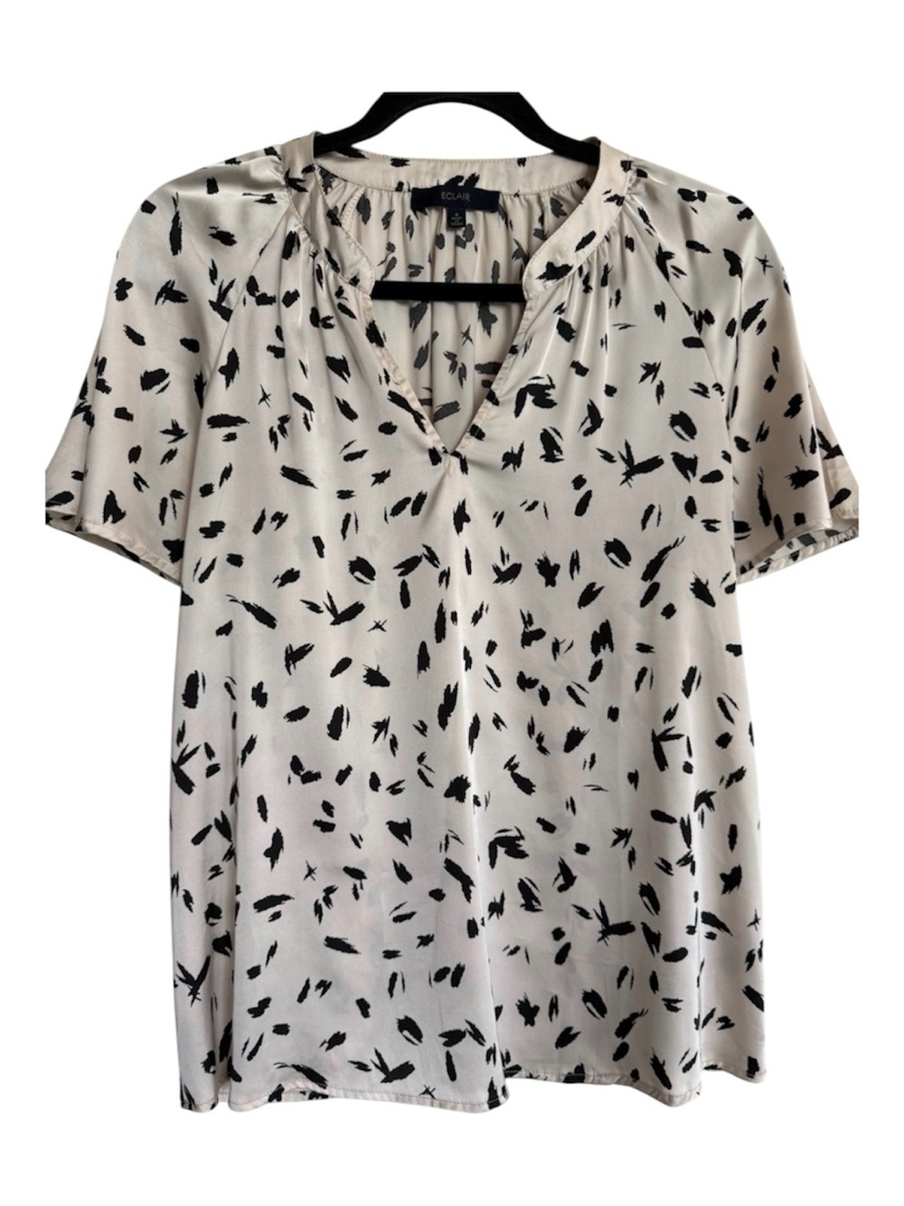 ECLAIR Cream and Black Print V Neck Flutter Sleeve Top - Small